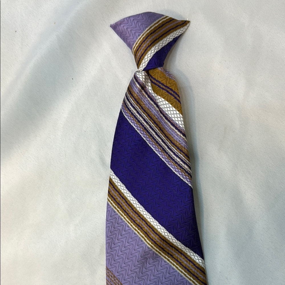 Vintage 1970’s Andhurst Men’s Clip-On, Snapped(TM), Striped Tie, Purple&Gold - Picture 9 of 14